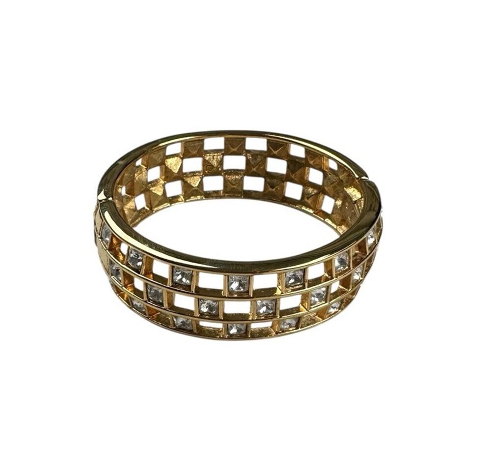 Signed Swarovski Gold Tone Checkered Rhinestone Crystal Hinged Cuff Bracelet